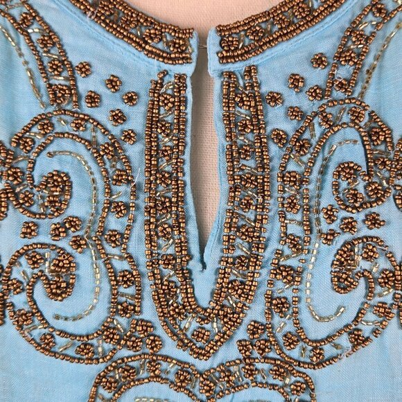 Chico's Size 2 (US Medium) Light Blue Tunic Gold Beaded 100% Linen 3/4 Sleeves - Picture 3 of 13